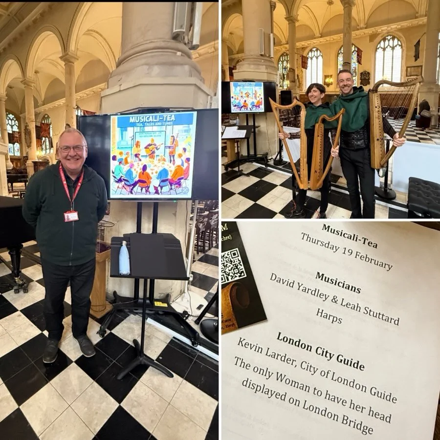 ✨Holy Sepulchre The National Musicians&rsquo; Church✨🎶Musicali-Tea, Tales &amp; Tunes🎶 we welcomed David Yardley @tanktoptroubadour and Leah Stuttard @leahstuttardmedievalharp 🪉🎼🪉followed by Kevin Larder @city_of_london_guides @walkcanterbury to