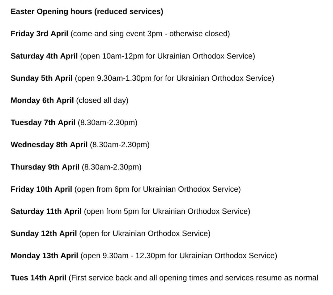 www.hsl.church/#:~:text=Easter%20Opening%20hours
We will have different opening hours over the next fortnight, please visit our website for details:
www.hsl.church/#:~:text=Easter%20Opening%20hours