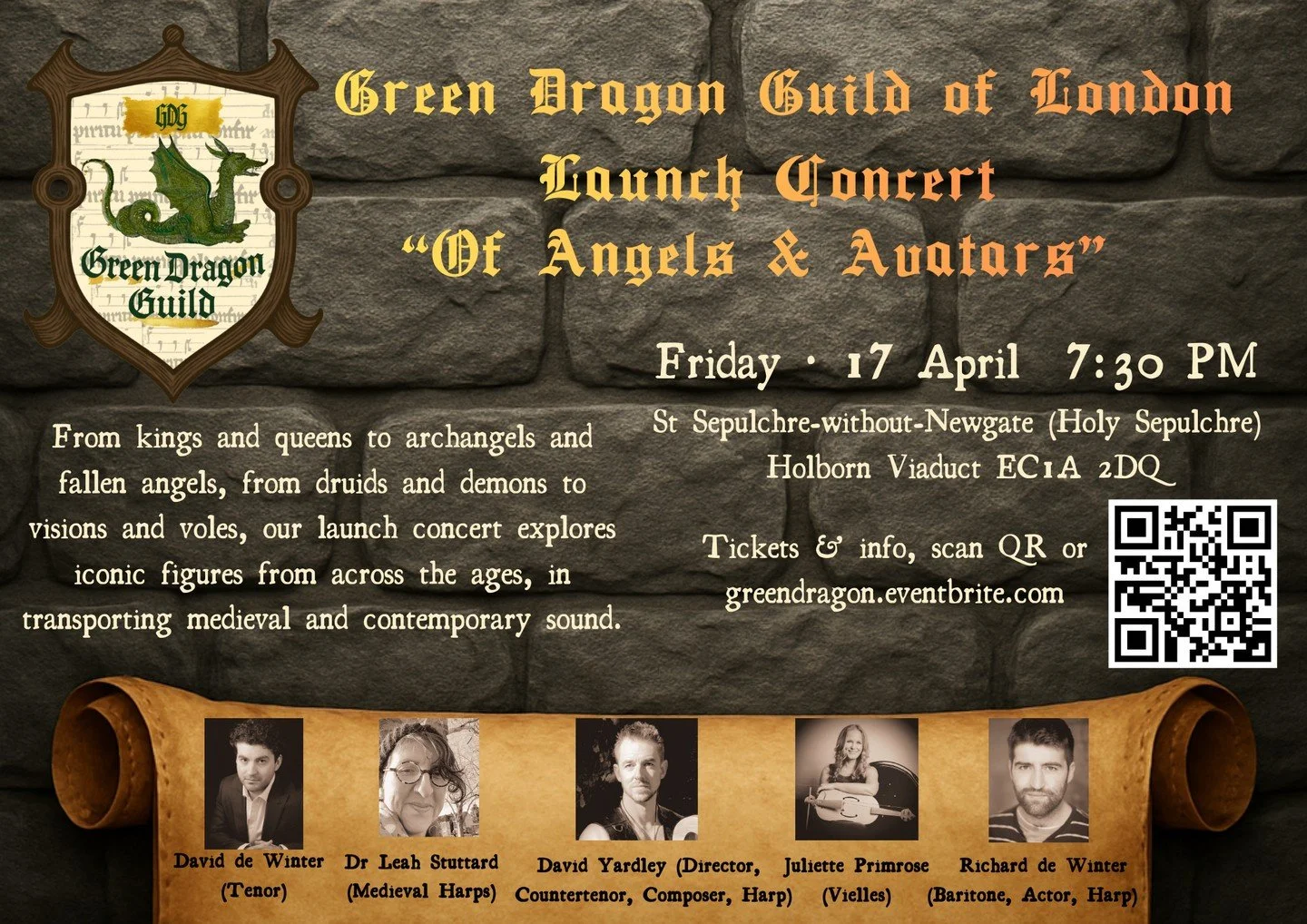 Join us next Friday 17 April from 7.30pm for the Green Dragon Guild of London Launch Concert: "Of Angels &amp; Avatars" with evocative music including voices, harps &amp; vielle! Performed by David Yardley (director, countertenor, medieval 
