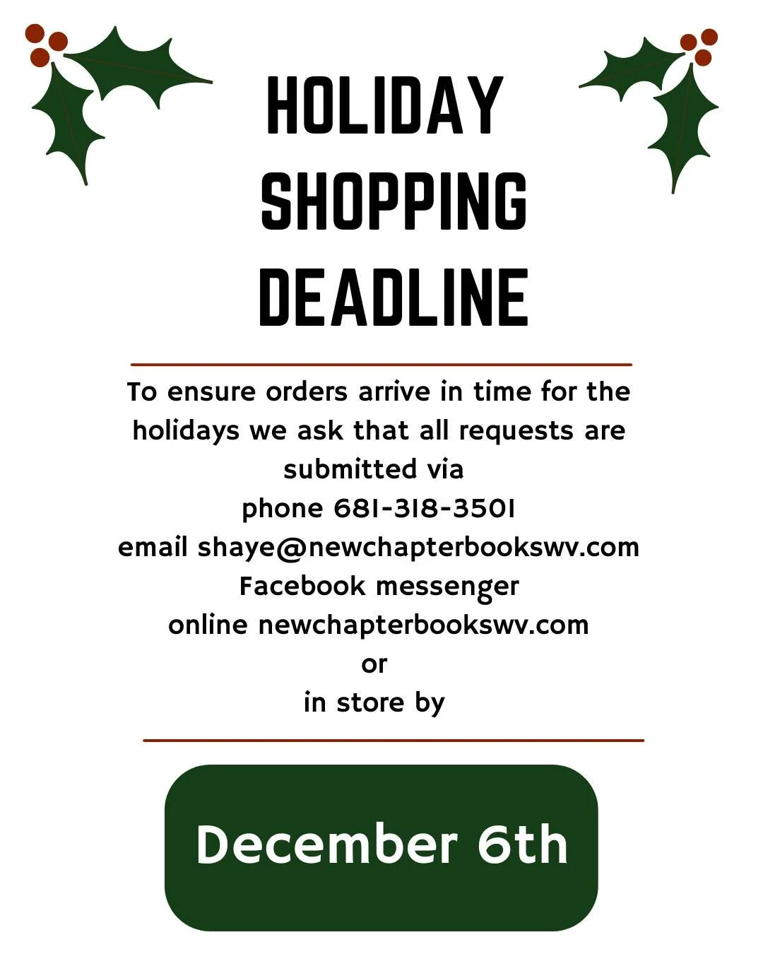 We are happy to order in book requests this holiday season but please let us know your requests no later than December 6th! This gives us plenty of time to check warehouse availability and best anticipate delivery dates. 

If we are unable to secure 