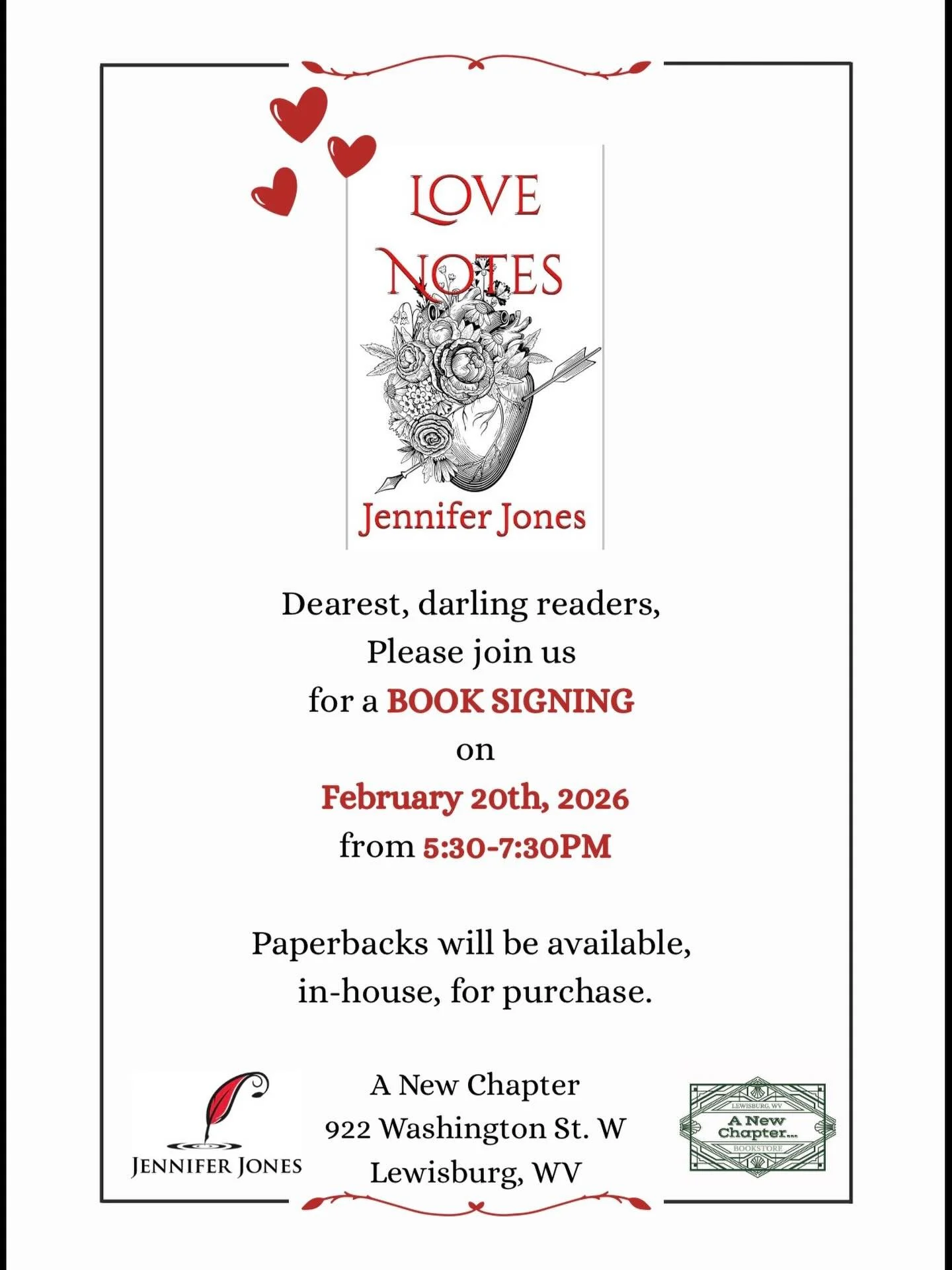 Join us Friday February 20th from 5:30pm to 7:30pm as we celebrate author Jennifer Jones and her newest collection of poetry!