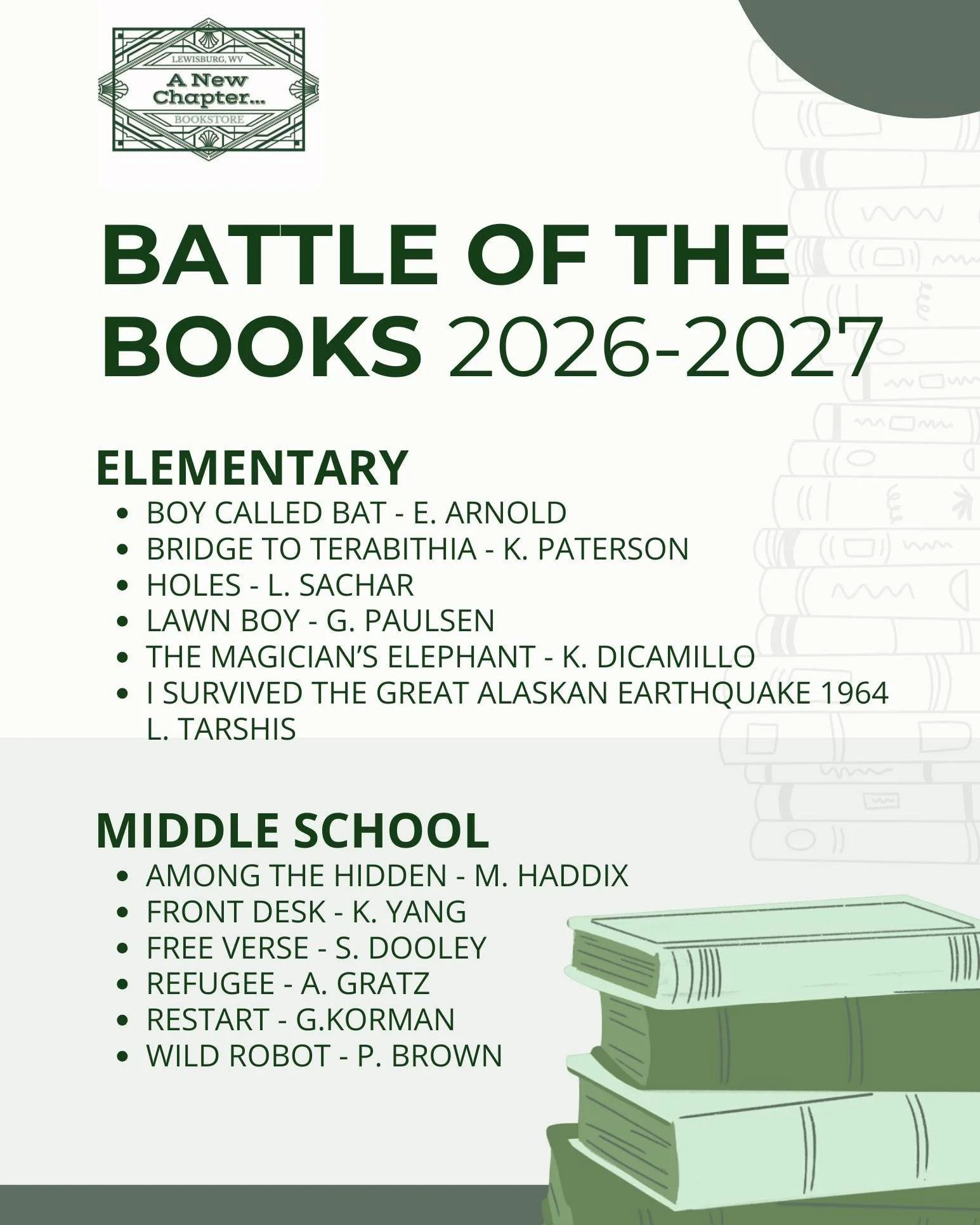 ⚠ Attention Parents ⚠

Battle Of The Books selection for 2026 &amp; 2027 has been announced! All books on the list are available for purchase in store starting this week.