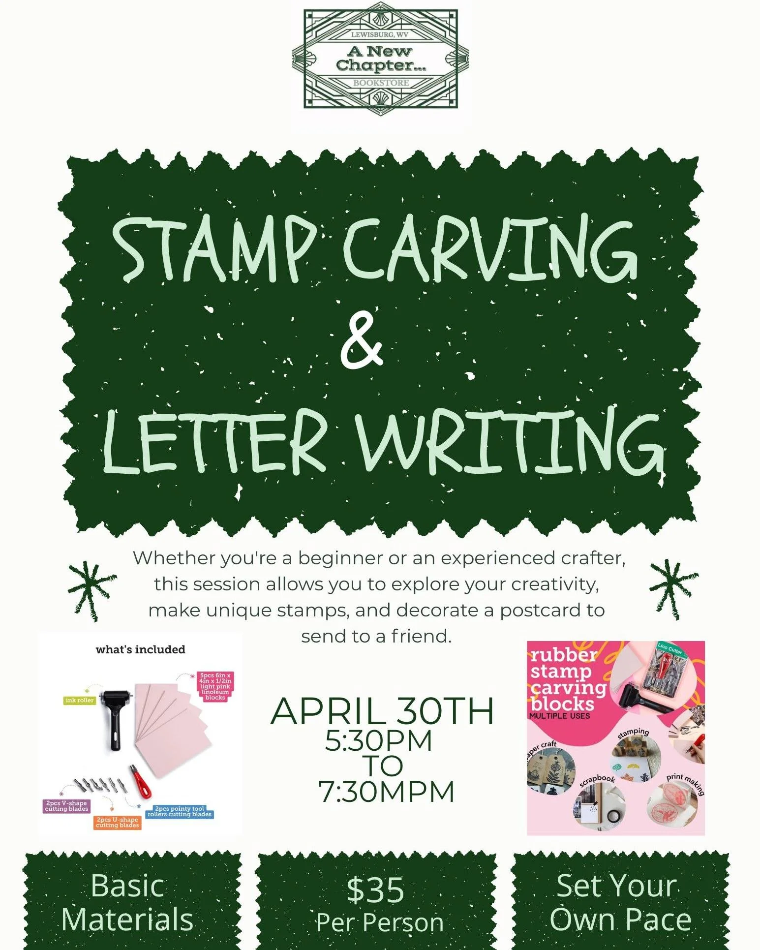 We still have seats available for the stamp carving and letter writing event!

Please RSVP...
📬 email shaye@newchapterbookswv.com
☎️ call 681-381-3501
☺️📖 send a message to our Facebook page
🏠 in-store
