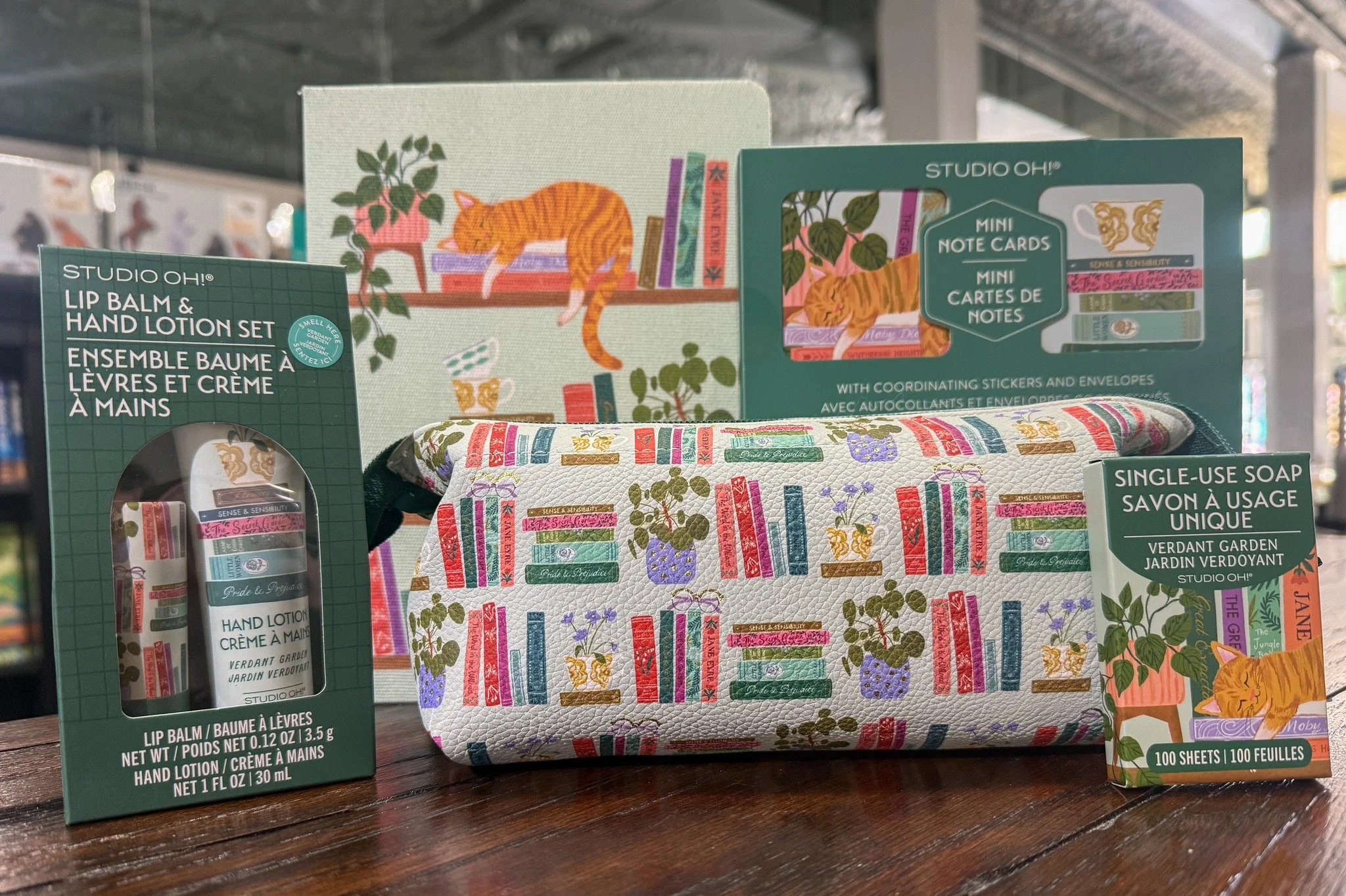 Books. Cats. Matching Accessories. What more could you want?!

Featured Items:
✨Clothbound journal with foil embellishments
✨Mini note card set with corresponding stickers &amp; envelopes
✨Cozy reads pencil pouch
✨Single use soap sheets
✨Lip balm &am