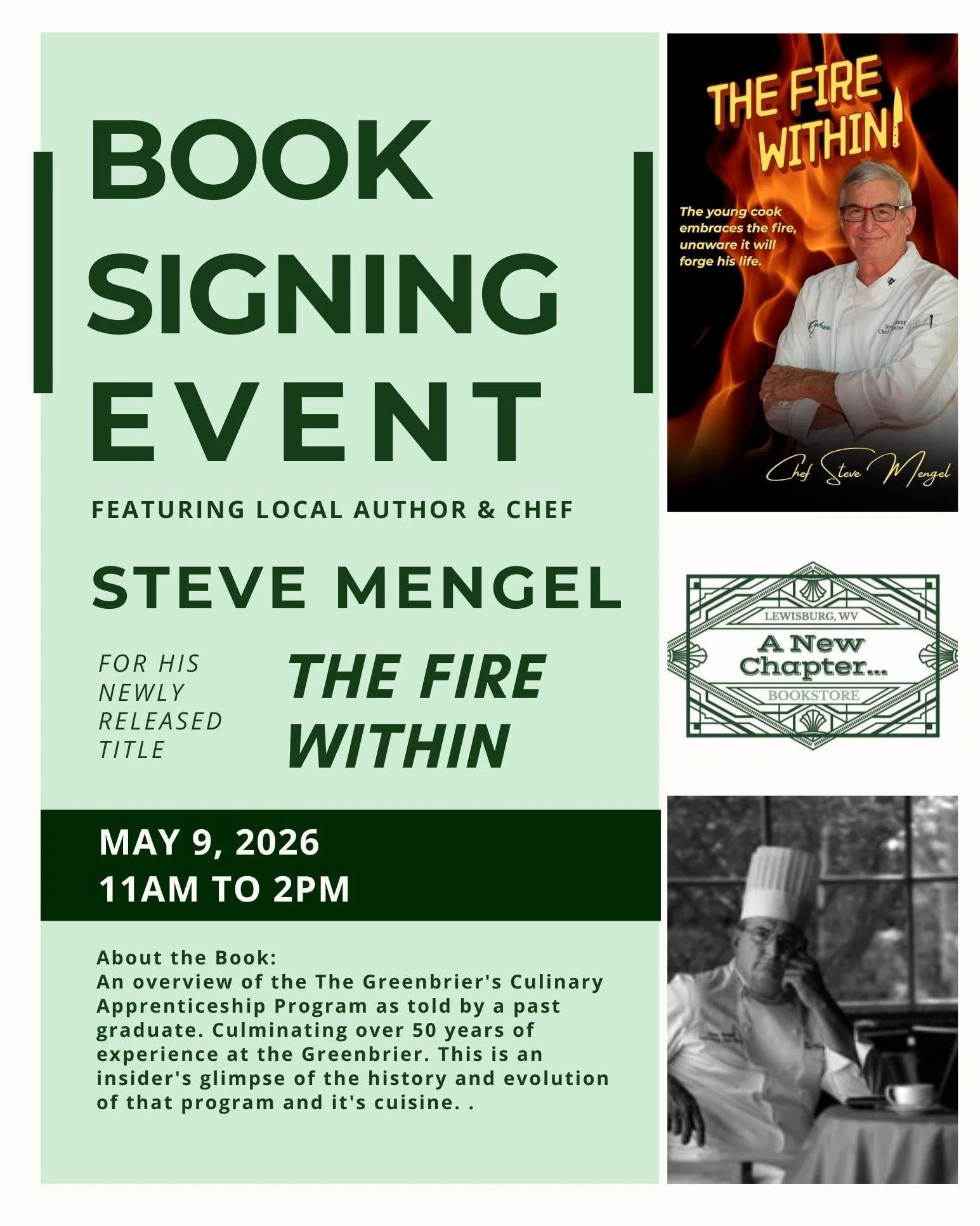 Chef Steve Mengal may be retired, but he is still sharing his culinary experience👨&zwj;🍳

Stop by the store this Saturday from 11am to 2pm to get a signed copy of his newest book - The Fire Within 🔥 - and ask any burning questions you may have abo