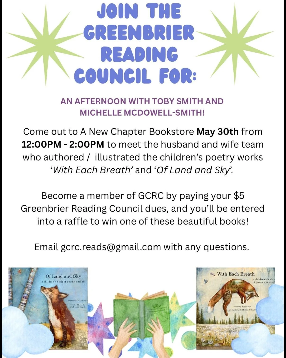 Stop by the store this weekend to meet a literary power couple and learn about the Greenbrier Reading Council!