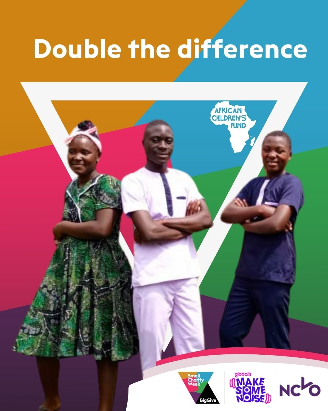Graphic headed 'Double the Difference' with a multicoloured background and 3 smiling, teenage Ugandans with their arms crossed. African Children's Fund, Small Charity Week and Big Give logos feature.