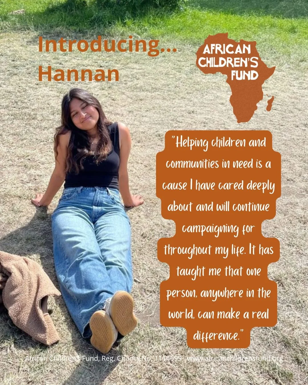 A smiling Hannan, sitting on a grassy field, with the quote from the article beside her.