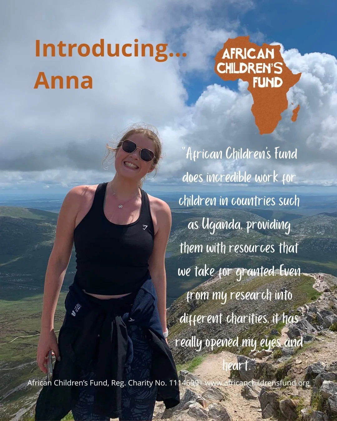 A smiling Anna standing in front of beautiful hills, with the quote from the article written beside her.
