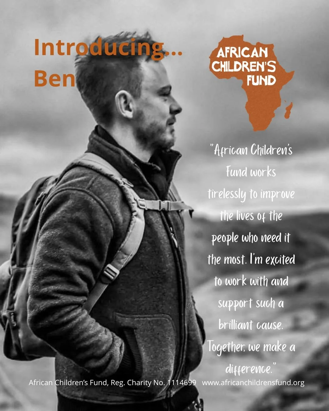 A black & white photo of Ben standing in front of hills with a rucksack on his back, with the quote from the article written beside him.