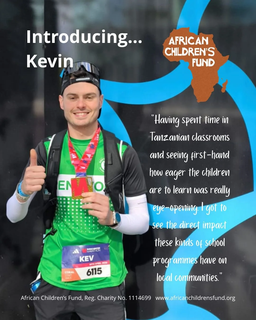 A smiling Kevin with a medal around his neck and his thumb up, with the quote from the article written beside him.