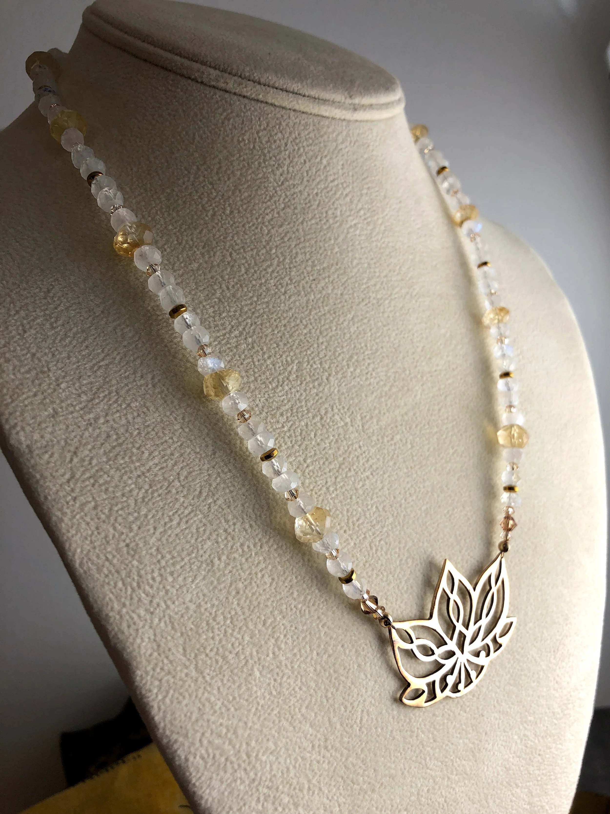 Moonstruck Moonstone, Citrine and Sterling Silver Bronze Lotus Necklace
