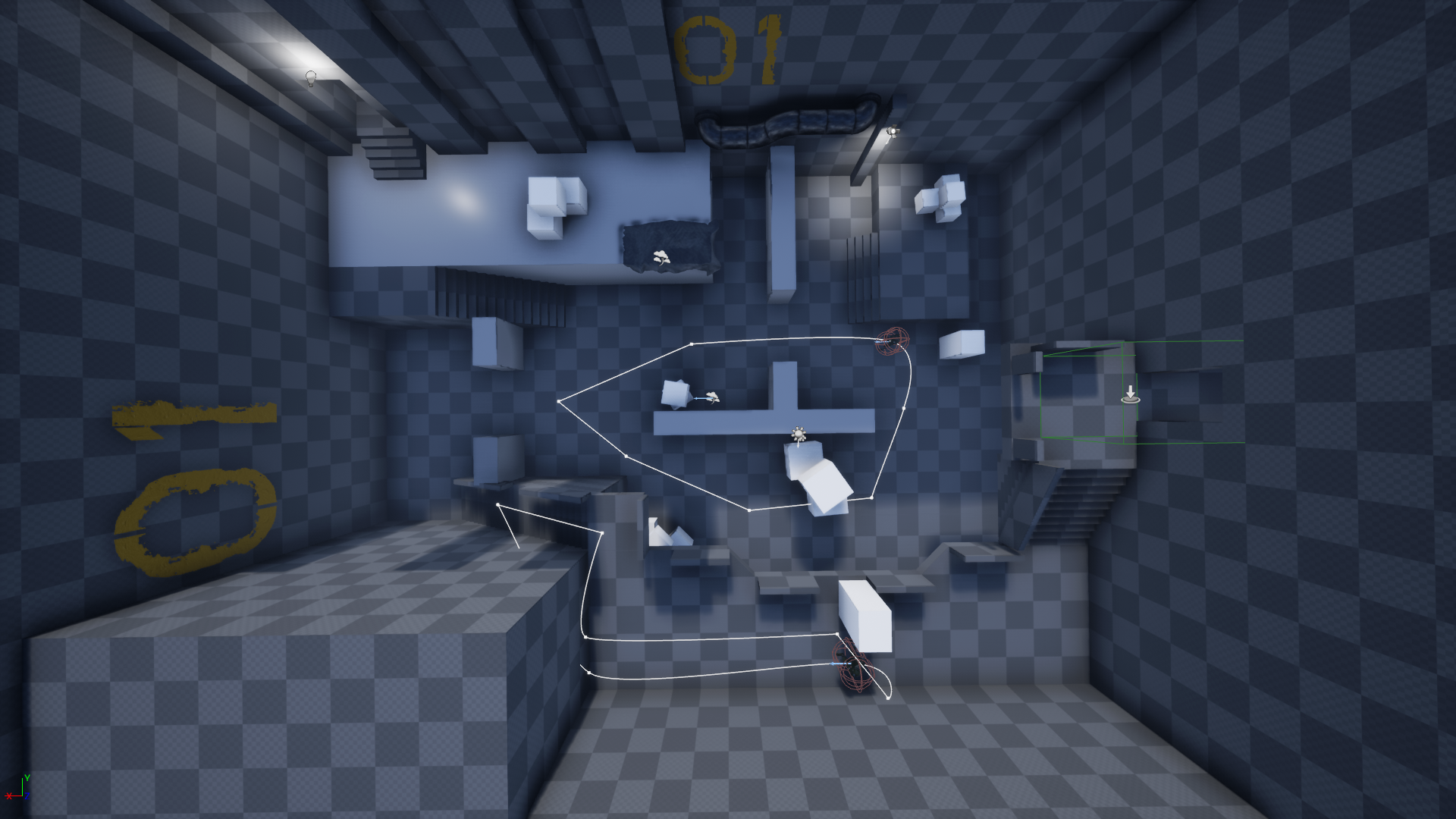 Early version of the level, a lot of things have changed since this version. The base level design from the sketch is kept however, because I thought it worked quite well.