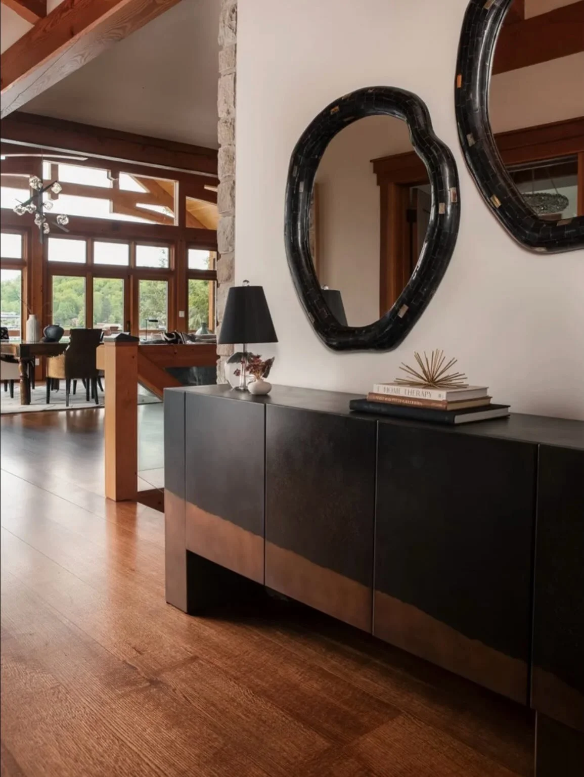 Minimal color doesn&rsquo;t always mean minimal interest. At Grandview, we knew color wasn&rsquo;t the answer to achieving a well designed space. In this home, the gorgeous beams are the focal point, and their deep amber color didn&rsquo;t need other