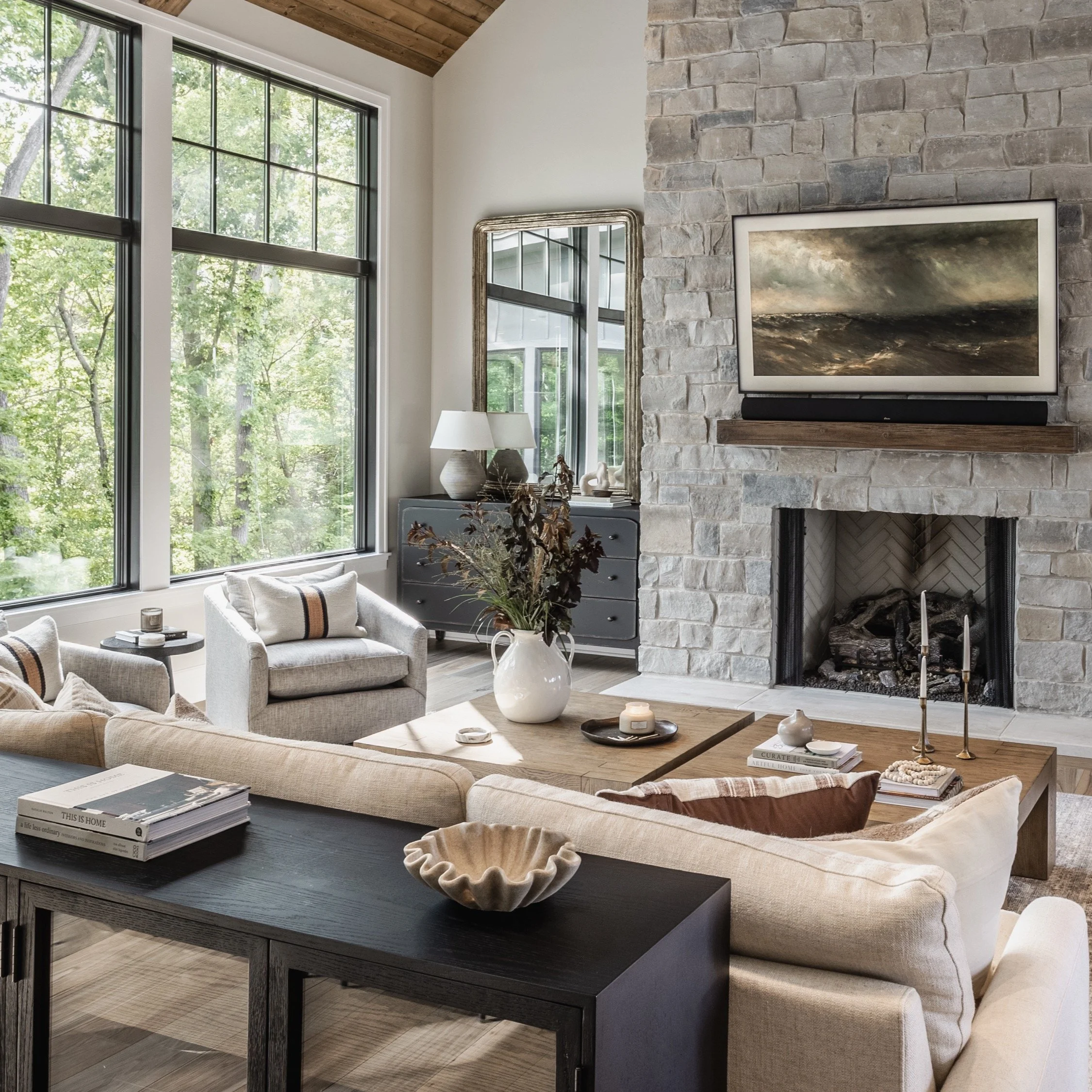 The best seat in the house? All of them. Fireside in the great room, at the island with coffee, or around the dining table . . . every room at Stubbs looks out to the trees. We really should have photographed this in the fall, because with the leaves