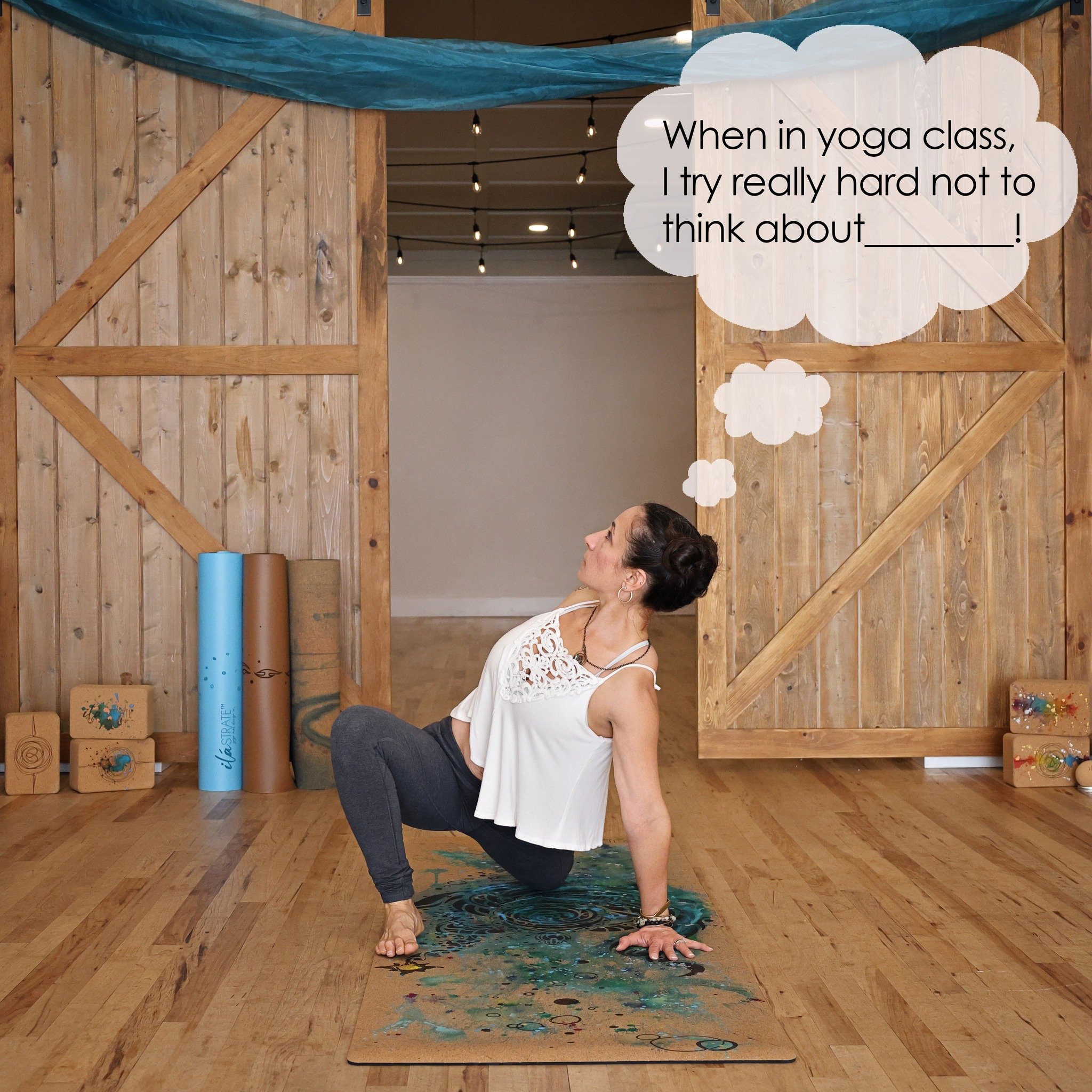 FILL IN THE BLANK ⬇️

Thoughts? Musings? Quotable verses? Songs? Let them out! 

What do you think about (that you're not supposed to be thinking about😆) during yoga class, in your favorite (or not so favorite) pose? 

Leave it in the comments!

#yo