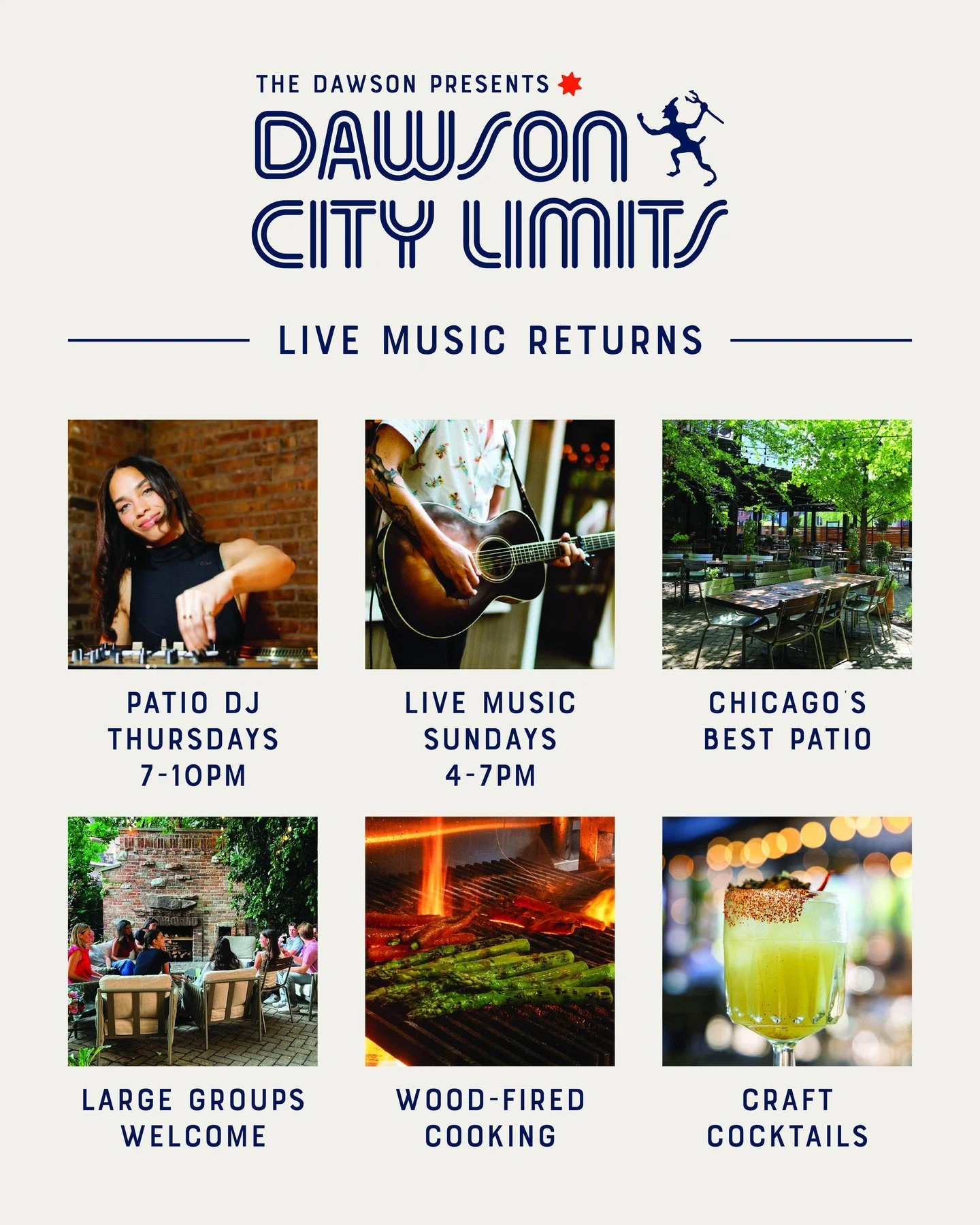 Week 2 of Dawson City Limits is here. 🎶 Meet us in the courtyard for another week of live music, DJ sets, seasonal cocktails, and summer nights.⁠
⁠
🎧 Thursday | Evie The Cool | 7&ndash;10 PM⁠
🎸 Sunday | The Jukebox Heroes | 4&ndash;7 PM⁠
⁠
Reserva