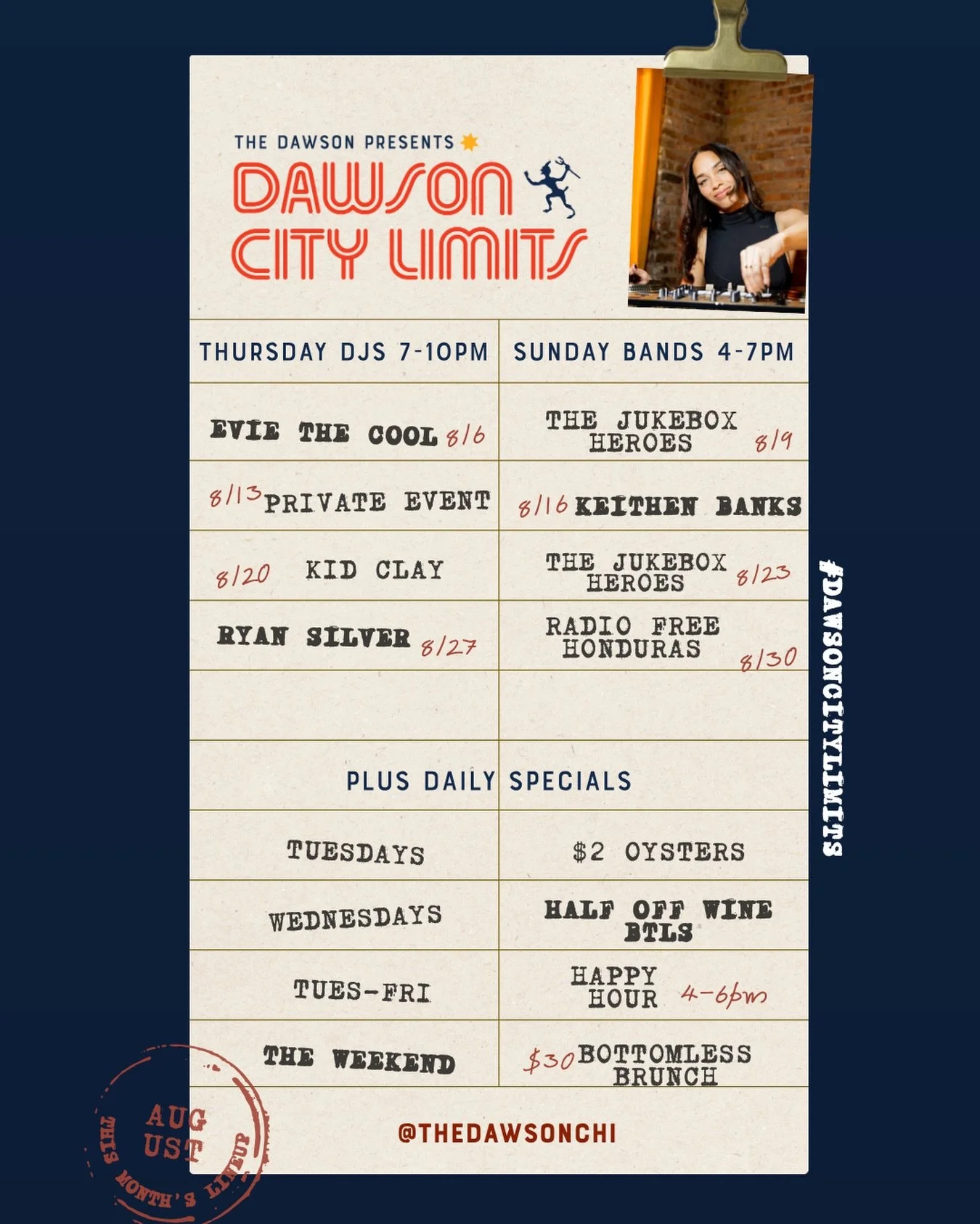 August sounds better at Dawson City Limits. 🎸

A full month of live music, late nights and drinks with your favorite people&mdash;plus Sunday BBQ specials to close out every weekend right.

Reservations at the-dawson.com