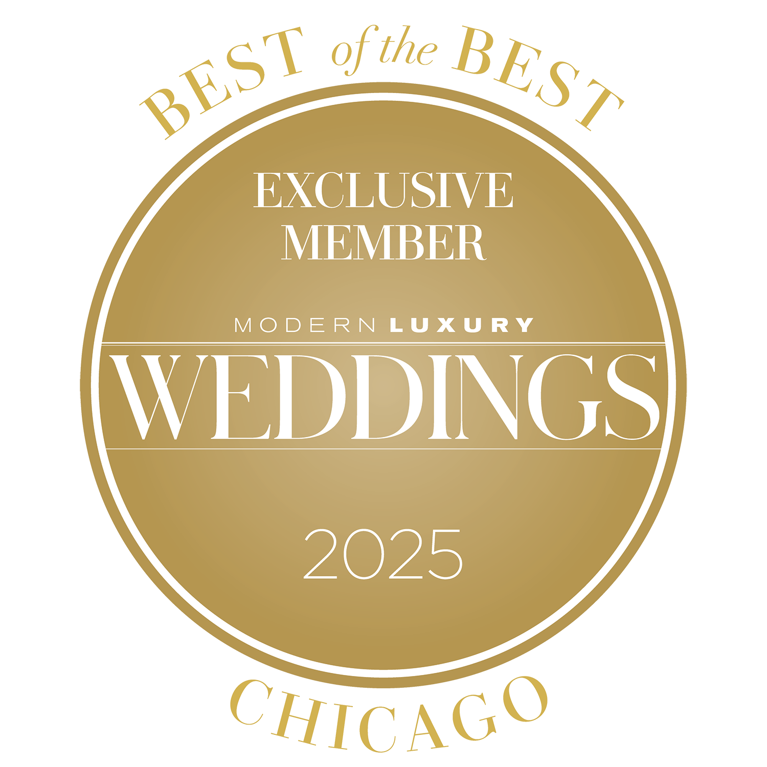 Gold badge with the text "Exclusive Member Modern Luxury Weddings 2025".