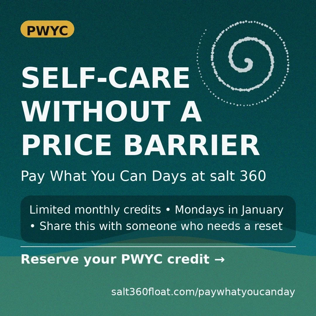 Self-care shouldn&rsquo;t depend on your bank account.
PWYC days at salt 360 are a small way we open the door wider for our community. Limited monthly credits available/ Book your appointment on any Monday in January / You choose the amount after you