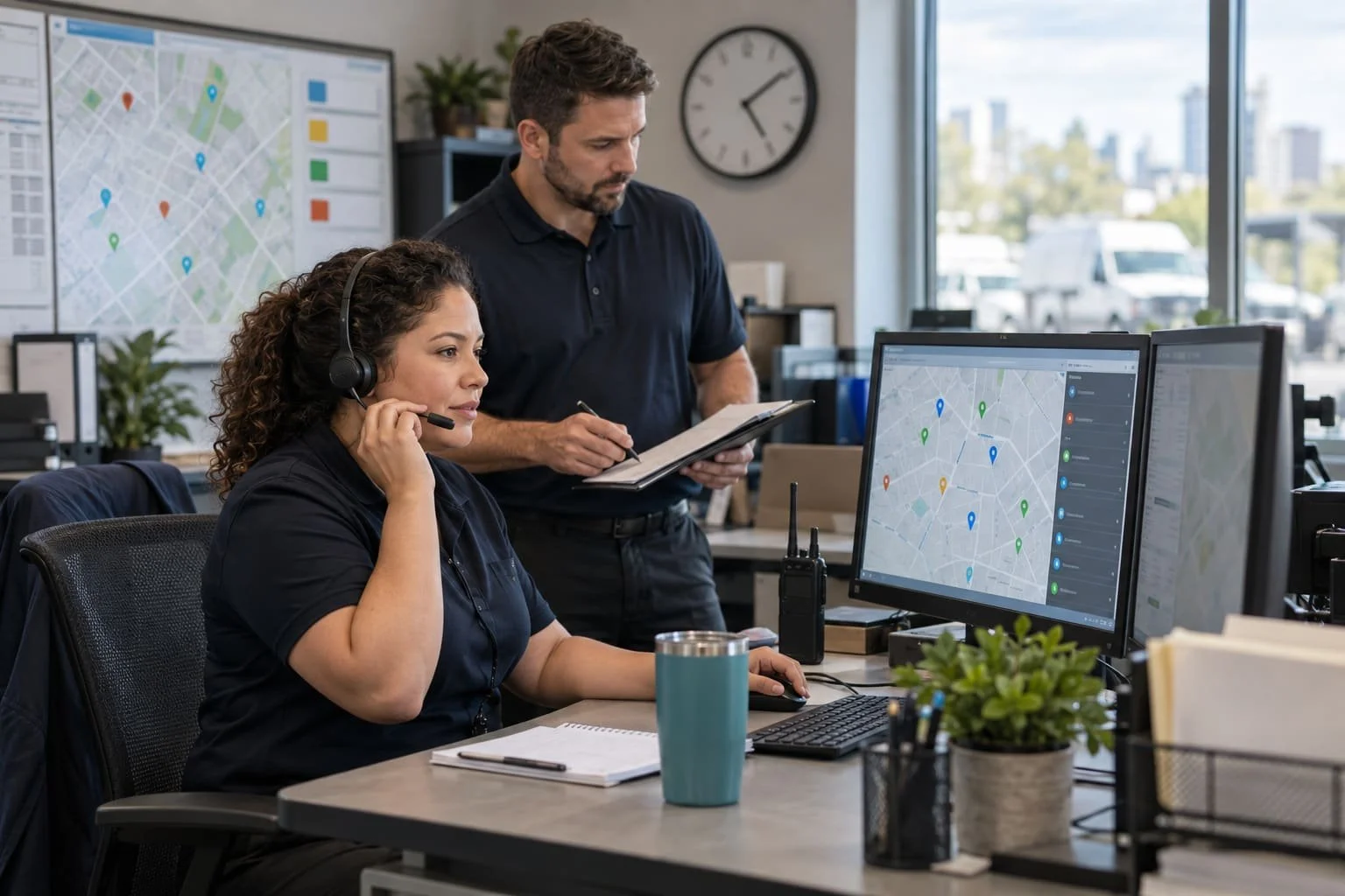 Professional dispatch operators coordinating field-service calls using customized routing procedures.