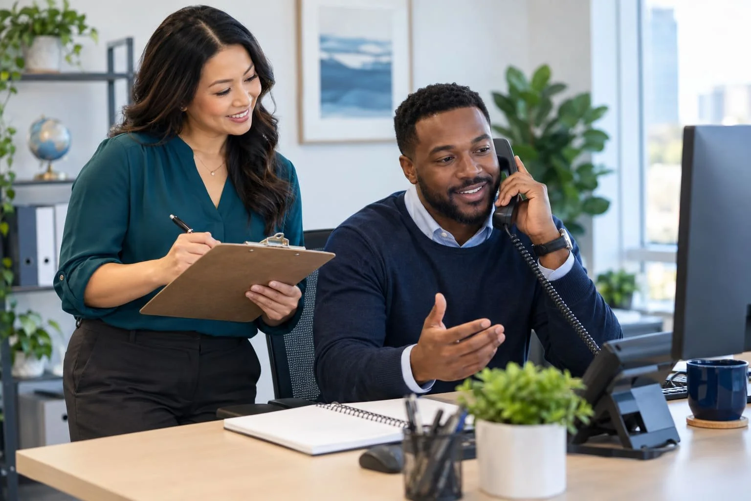 Call-handling coach reviewing professional phone etiquette with a live telephone operator.
