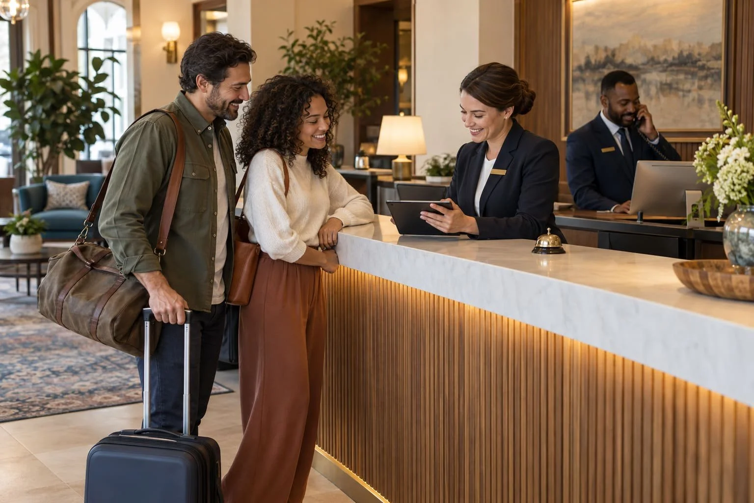 Hotel staff confirming reservation details with arriving guests while a colleague handles a telephone call