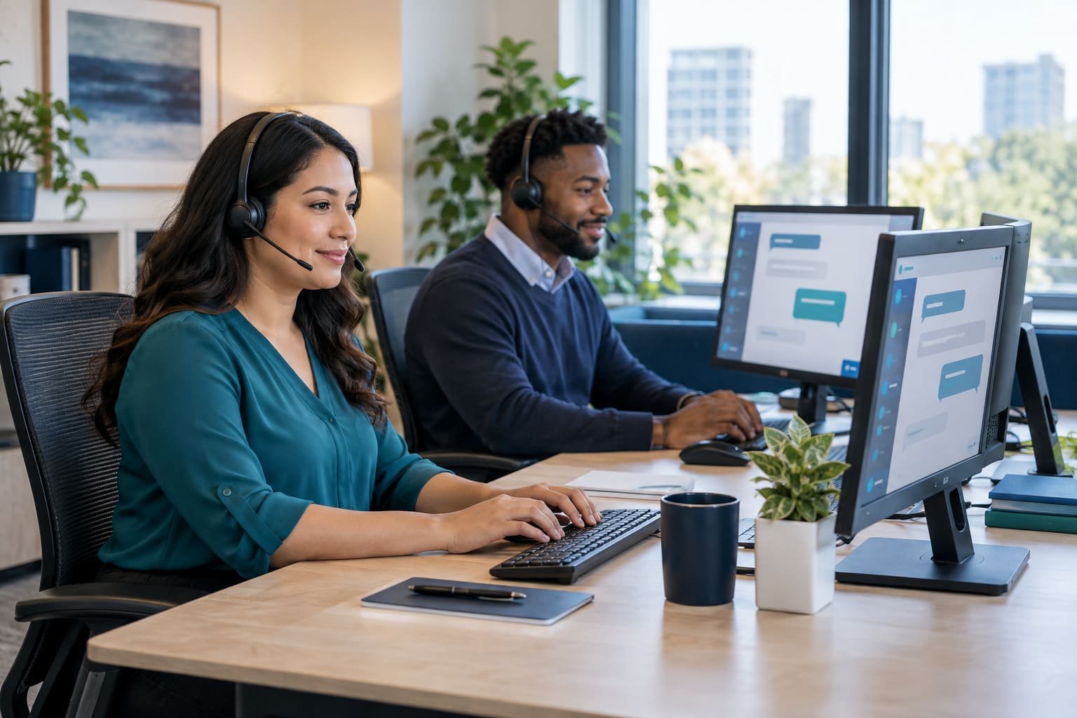 Two professional support agents responding to customer website chat messages at office computers.