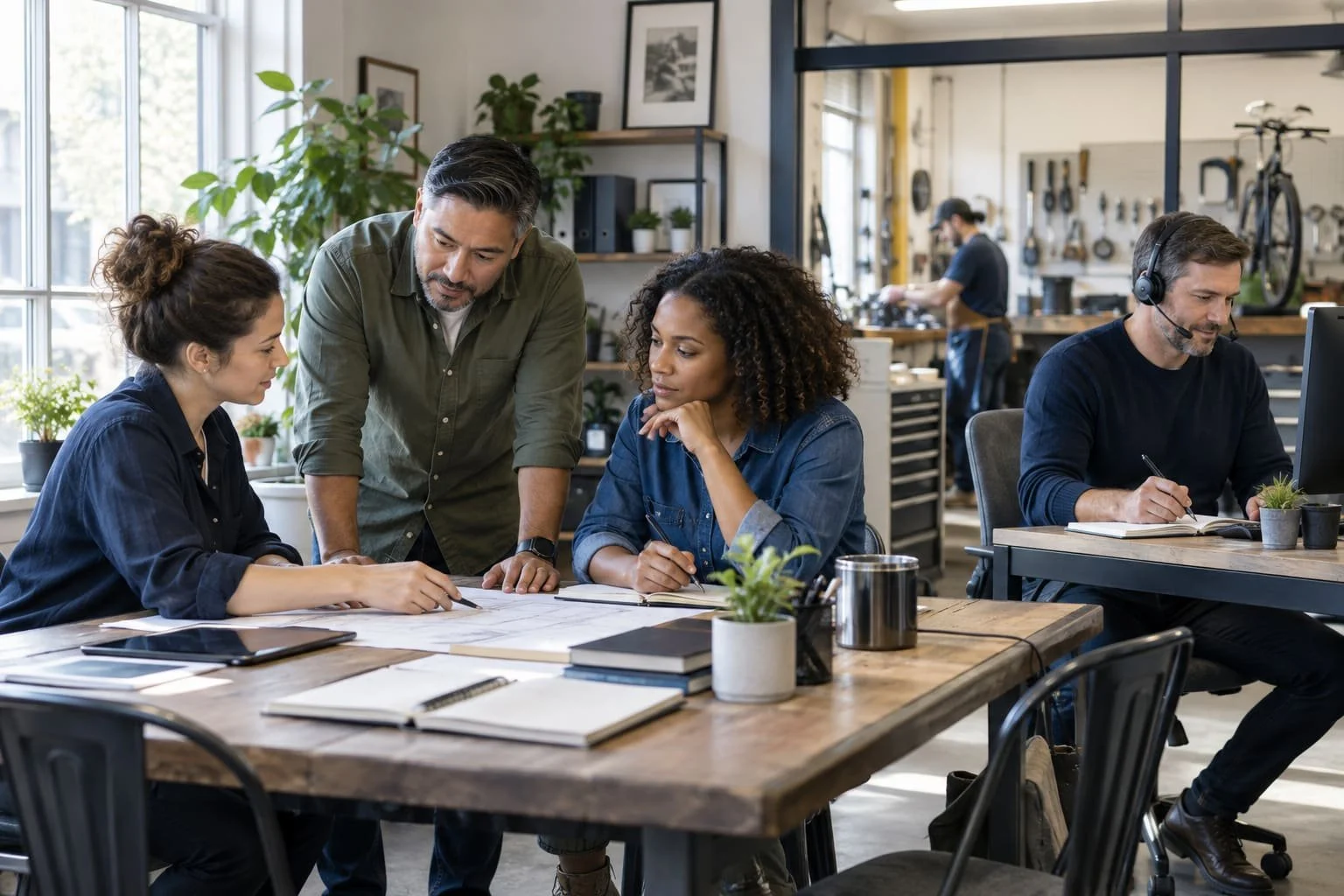 Small-business team reviewing project plans while a call coordinator handles an incoming customer call.