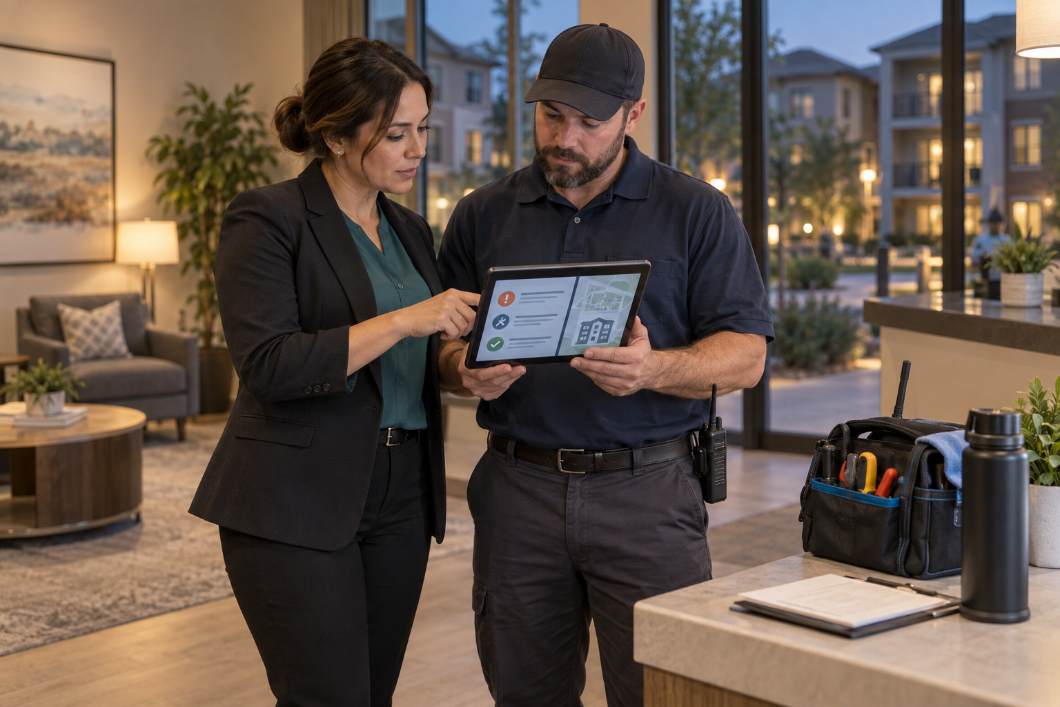 Property manager and maintenance supervisor reviewing an after-hours tenant service request at an apartment community.