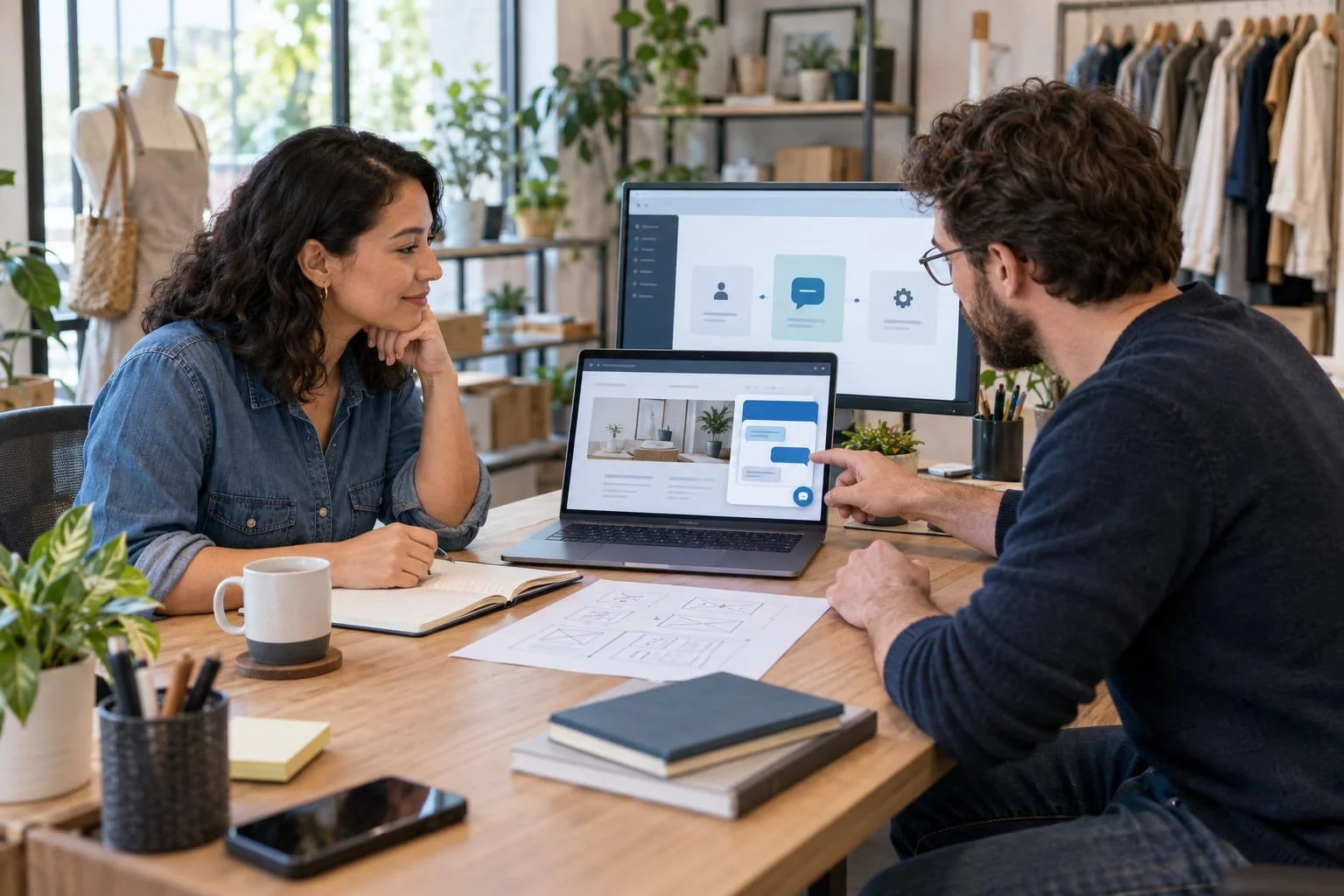 Small-business owner and web specialist configuring a live-chat widget on a business website.