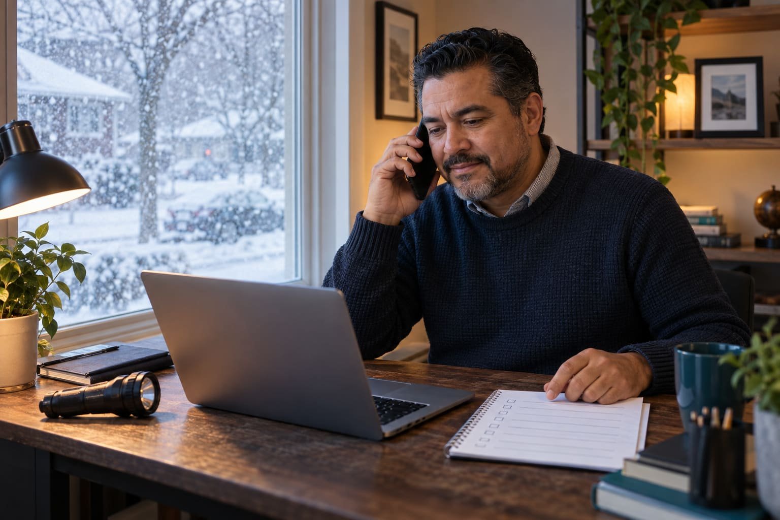 Small-business owner coordinating customer calls from a home office while severe winter weather closes the workplace.