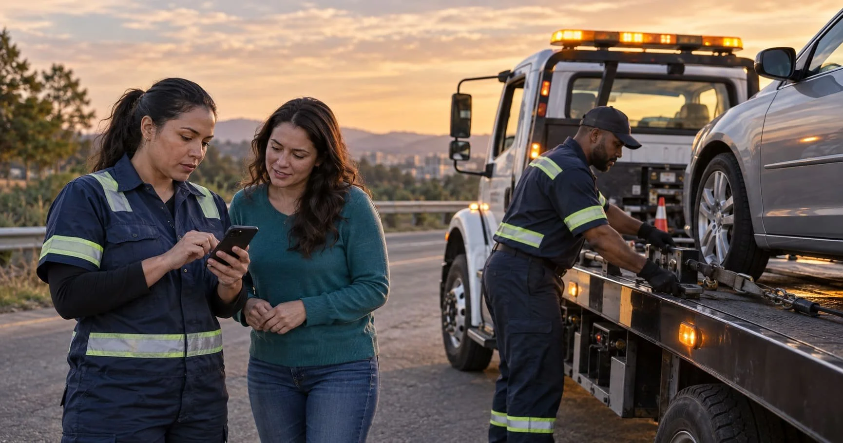 Towing team reviewing a roadside dispatch request while preparing a vehicle for transport