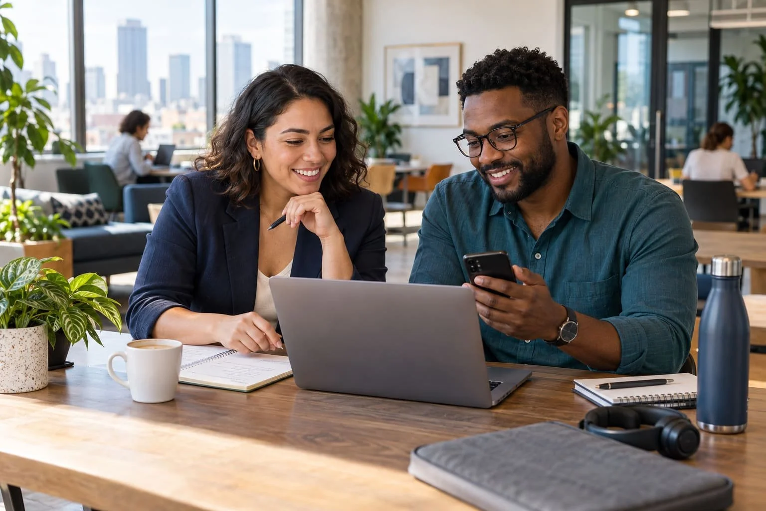 Two small-business owners reviewing customer call messages while working from a flexible coworking office.