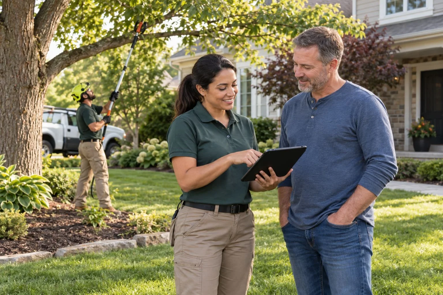 Tree and lawn care professionals reviewing a service plan with a homeowner while an arborist works nearby
