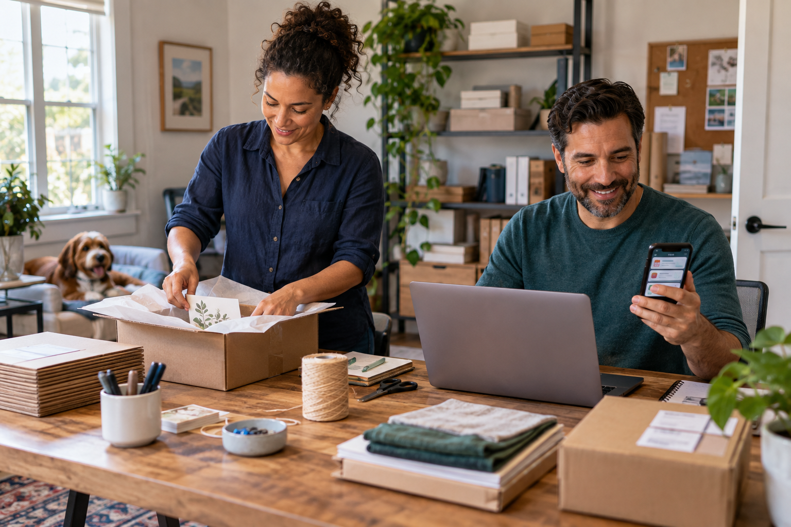 Home-business owners reviewing customer messages while preparing orders in their home office.