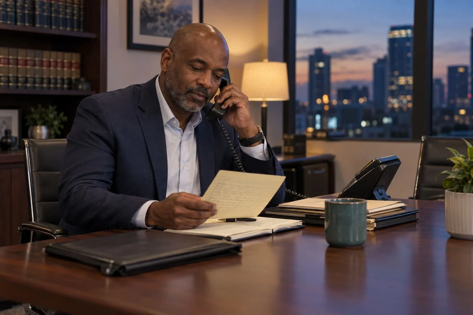 Attorney reviewing a prospective-client intake message during an after-hours telephone call at his law office.