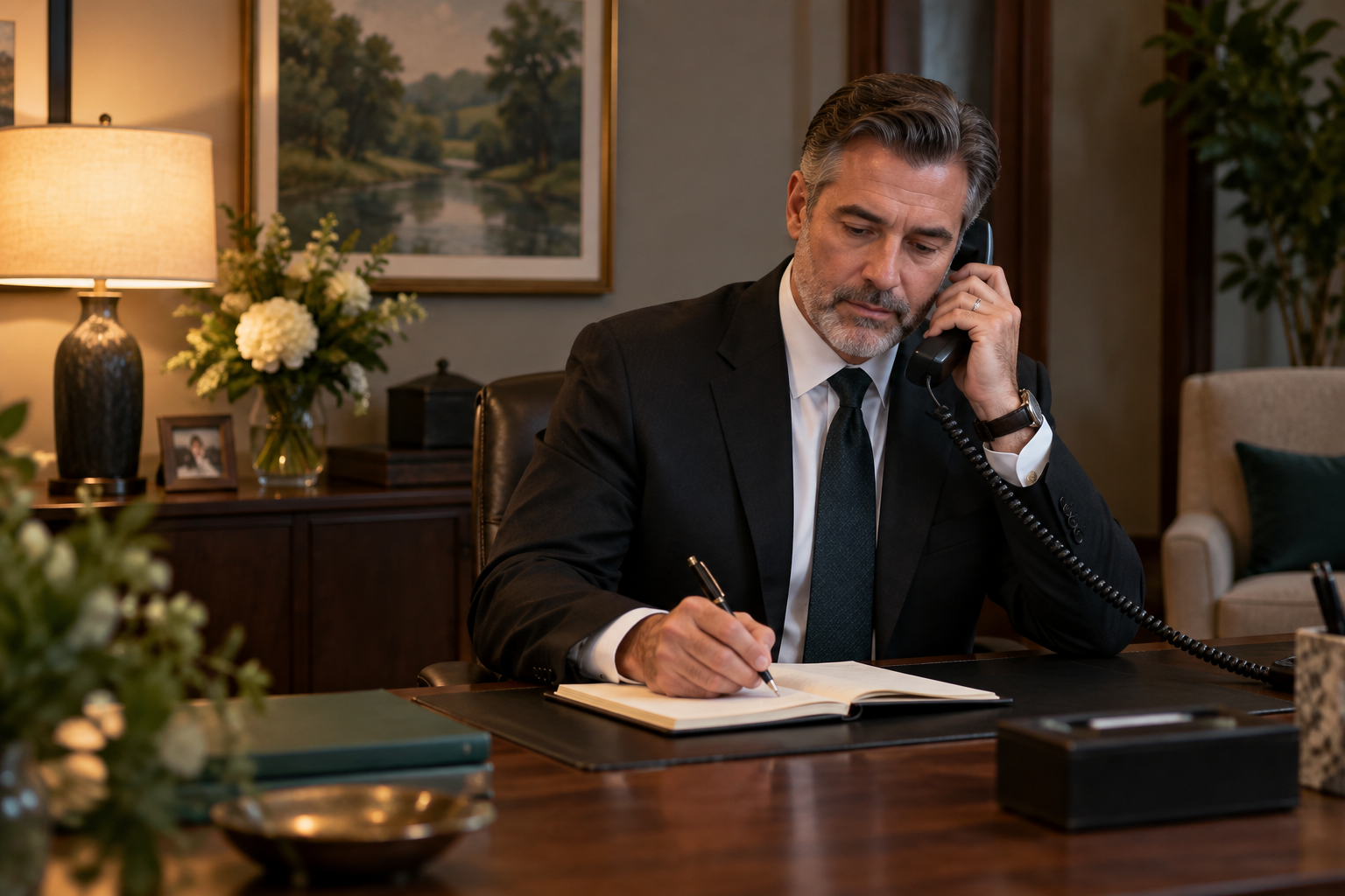 Funeral director taking notes while responding to an after-hours telephone call in a funeral-home office.