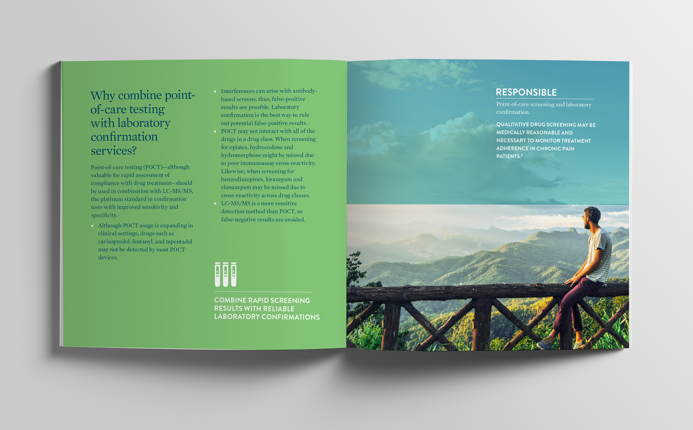 Open brochure with green and blue pages. Left page has text discussing point-of-care testing and laboratory confirmation, with icons of test tubes at the bottom.