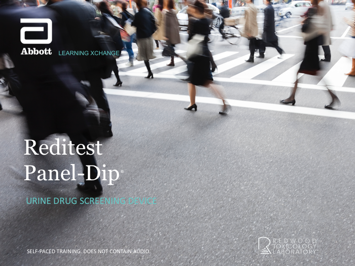 Brochure cover featuring a busy crosswalk with pedestrians walking, overlaid with text about a urinal drug screening device from Abbott.