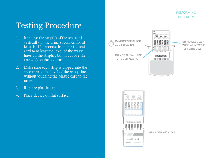 Instructions and diagram for a urine test procedure, showing steps to immerse test strips in urine, avoid touching plastic, replace the plastic cap, and place the device on a flat surface, with illustrations of the test device and urine sample container.