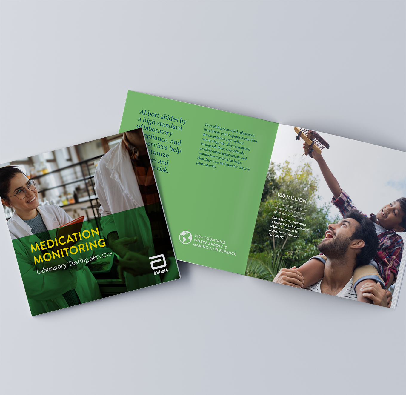 Brochure cover on medication monitoring with an image of a woman in a lab coat talking to a man and a child holding a toy airplane in a park.