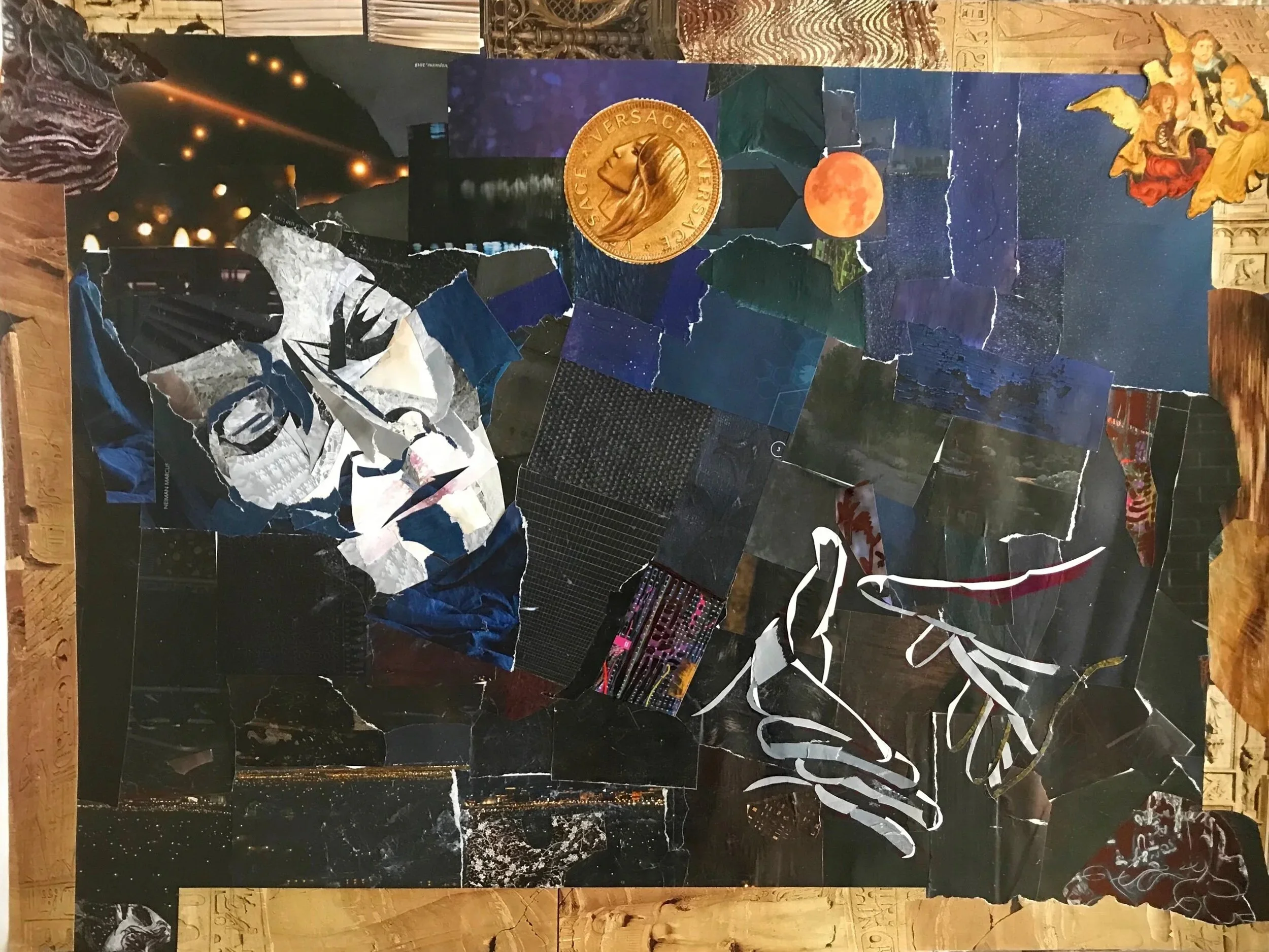 Drowning I
 Magazine paper and gel medium on paper, 18 × 24 inches, 2021 