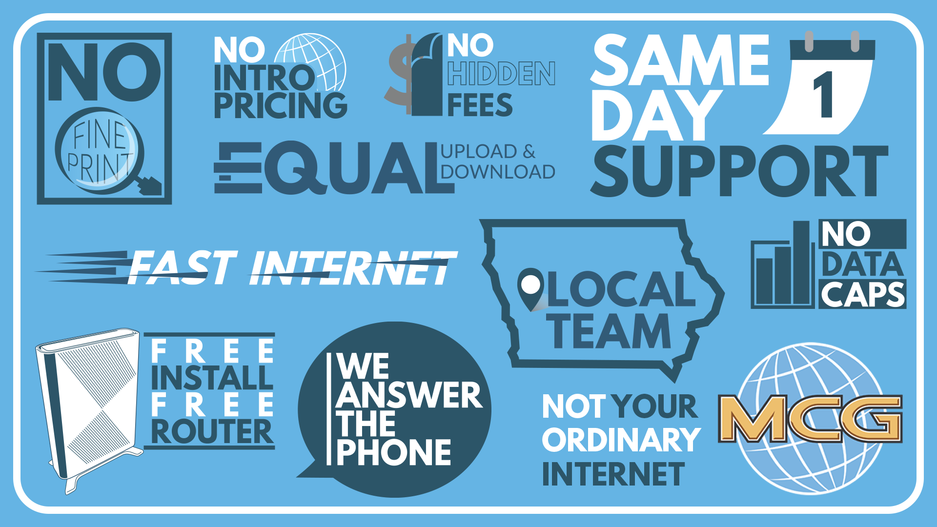 Reasons customers choose MCG, including local support, reliable fiber internet, transparent pricing, community involvement, and exceptional customer service
