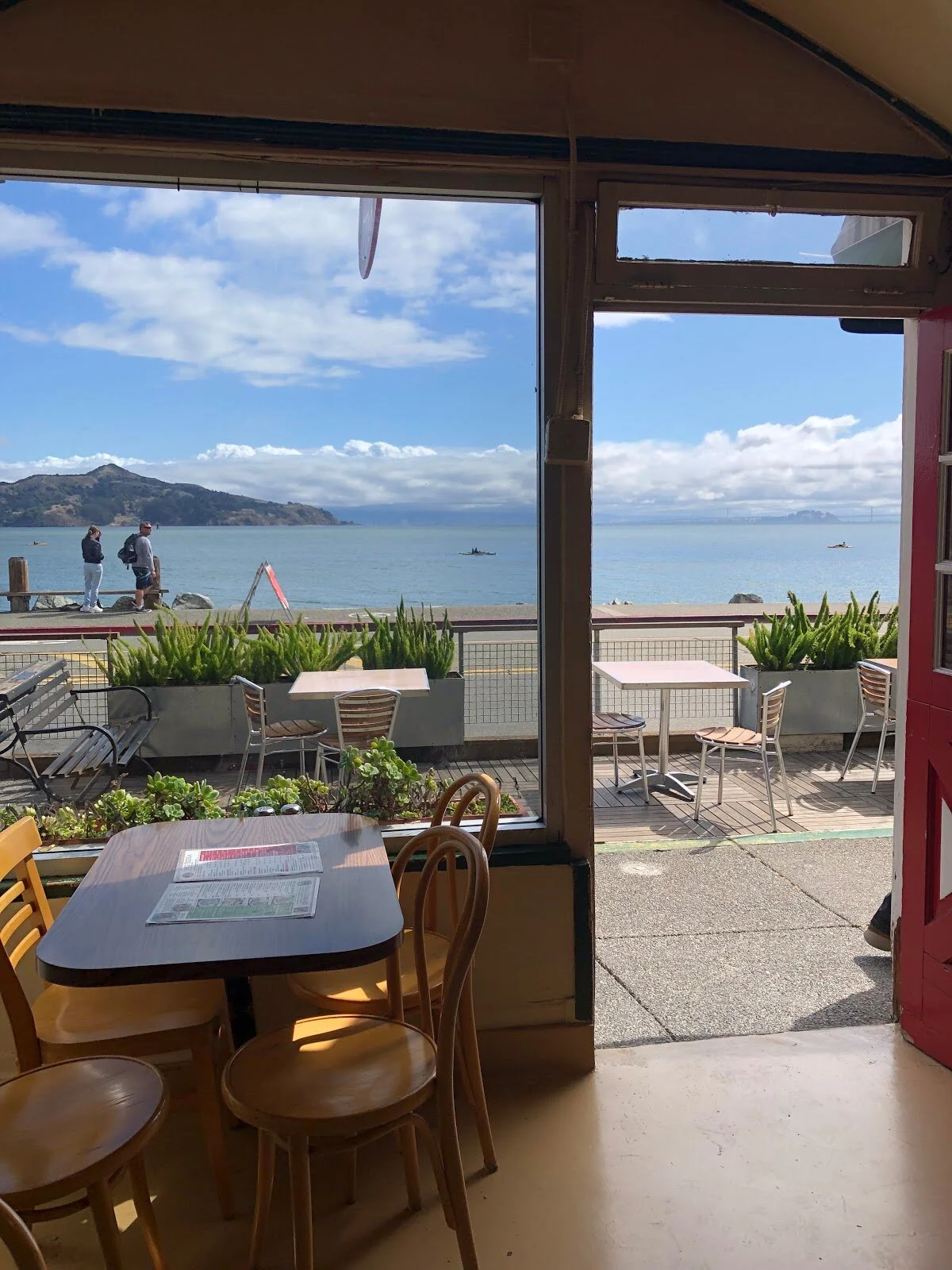 Outside seating in Sausalito with view of the San Francisco Bay