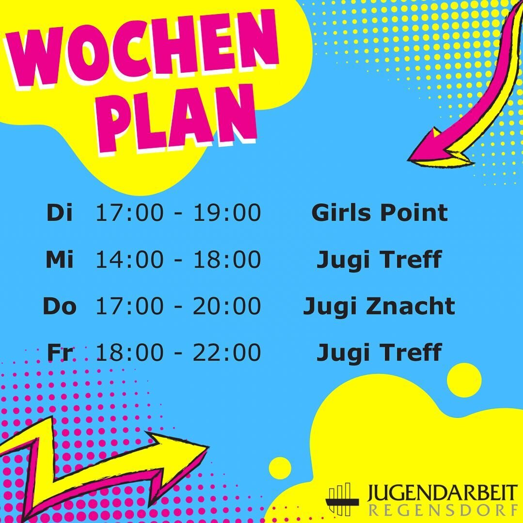 Diese Woche finden wieder alle Treff statt. 🥳 

#jugendarbeitregensdorf #wochenplan #jugitreff #jugiznacht #girlspoint #jugendarbeit #oja #okaj #gemeinderegensdorf