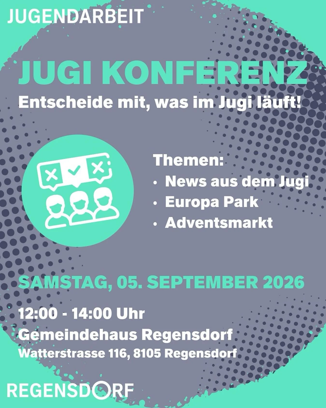 Deine Meinung z&auml;hlt!

Komm an die Jugi Konferenz und entscheide mit, wie es mit dem Ausflug in den Europapark, dem Adventsmarkt und weiteren Ideen im Jugi weitergeht. 

Wir freuen uns auf dich!