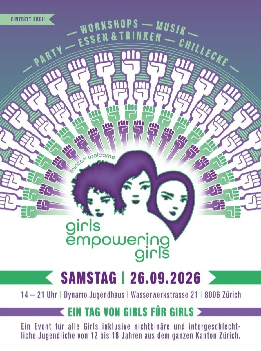 Kommst du mit an den Event "Girls empowering Girls" in Z&uuml;rich? 🤩 
Der Ausflug ist f&uuml;r Girls only, kostenlos und wird von uns begleitet (ab Regensdorf Bahnhof &amp; zur&uuml;ck). 
Das Anmeldeformular kannst du im Jugi holen.
