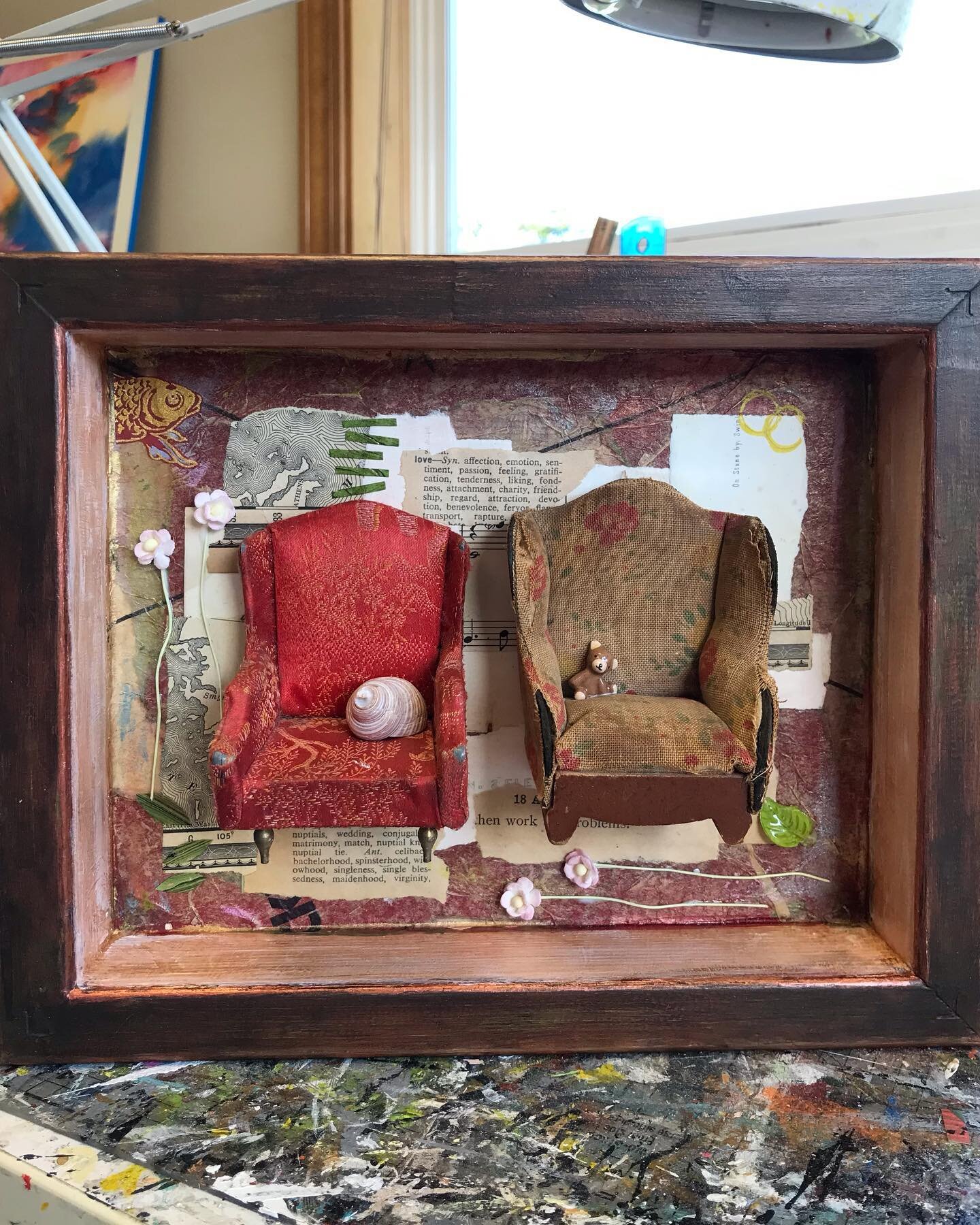 A new assemblage complete! &ldquo;Long Love&rdquo; was inspired by this sweet pair of vintage doll house chairs scrounged up by the eagle eyed @carrie_whitney.  Thanks Carrie! From there I wanted to create a worn and layered background evoking the pa