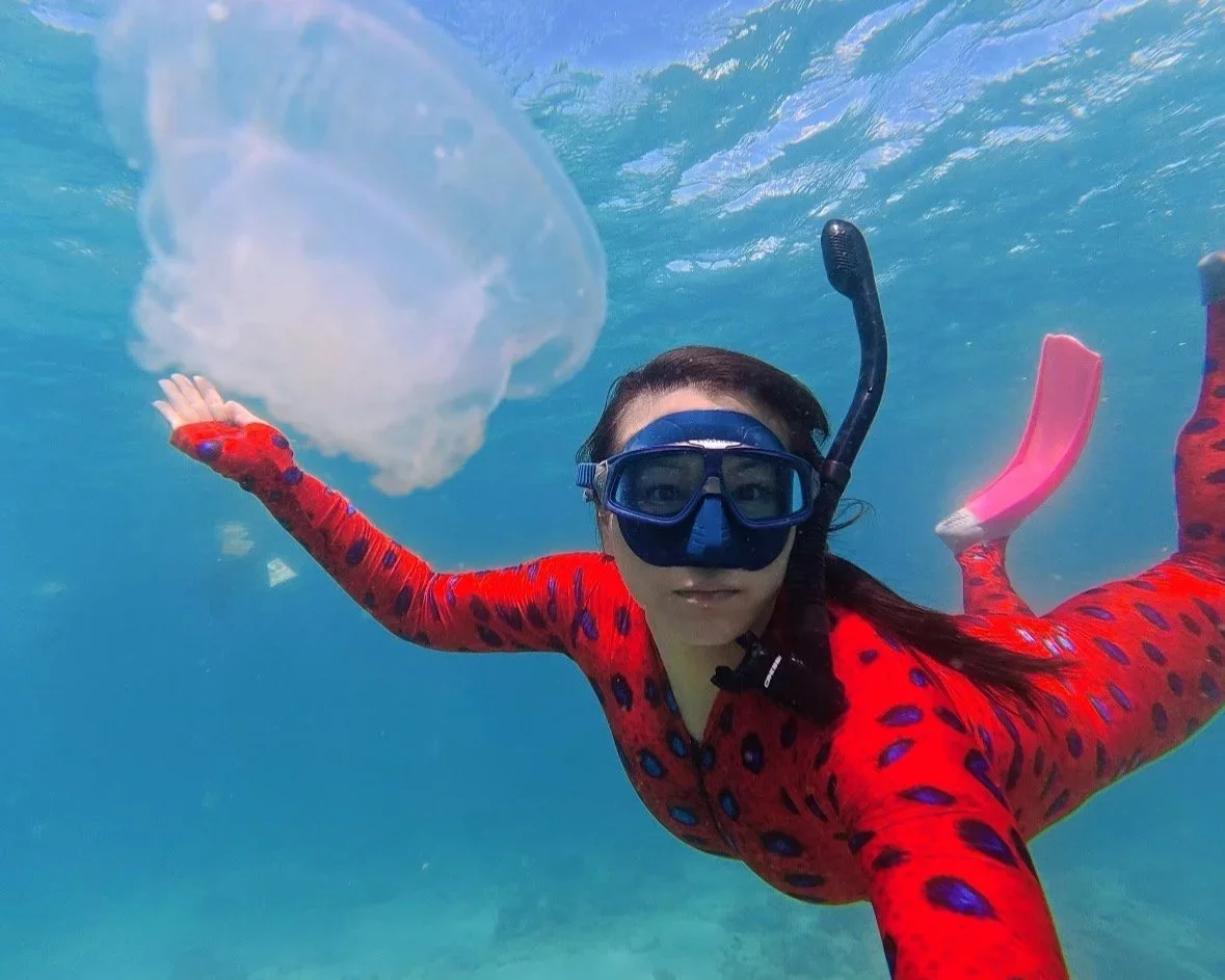 freediving underwater with a slip in surf skins sun protection suit with a jelly fish in australia' Great Barrier Reef